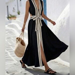 Black Maxi Dress with Ivory Geometric Trim and Front Slit